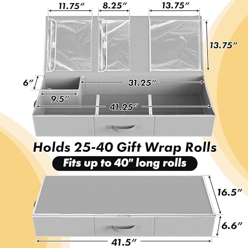 Simple Houseware 41.5" Wrapping Paper Storage Organizer - Fits 40 Rolls with Adjustable Straps, Interior Divider for Ribbons & Bows, 3 Clear Pockets for Gift Bags & Tools, 41.5''L x 16''W, Gray by Simple Houseware - Image 2