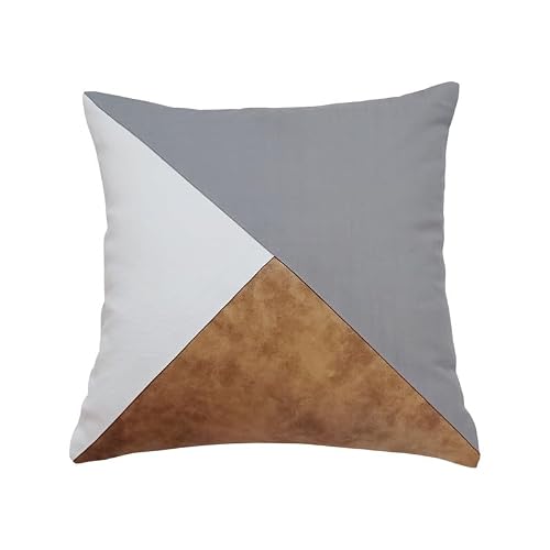 WWW.THROWPILLOW.IN Scandinavian Geometric Colorblock Faux Leather Brown White Grey Cushion Cover, Premium Decor Fabric for Modern Décor Sofa, Couch, Bed, Living Room Square Sofa Cushion 18x18 Inches