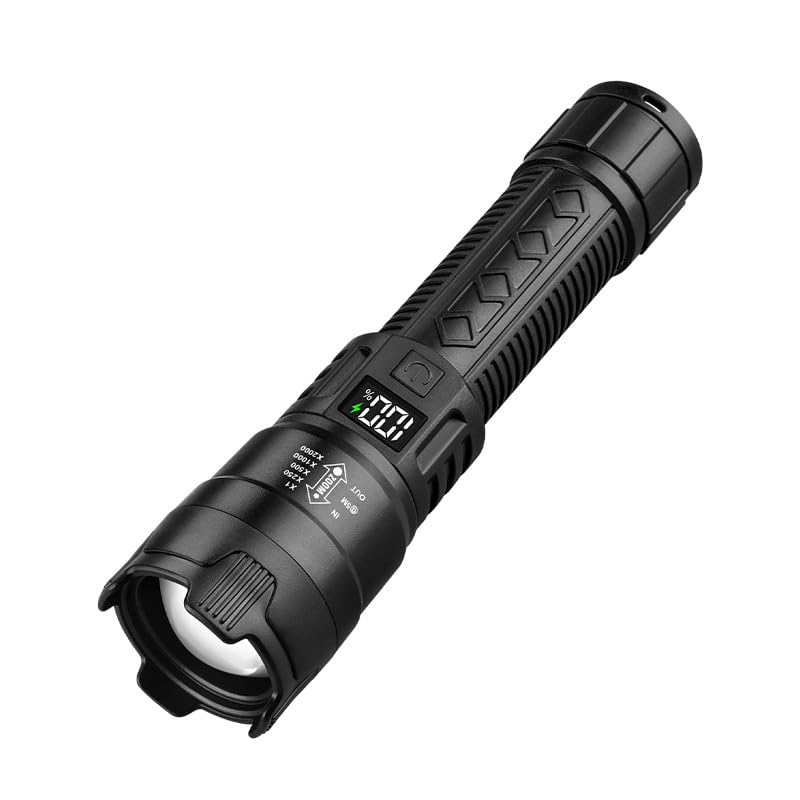 QEBIDVL Rechargeable LED Torch | 500m Beam Flashlight | Digital Display | Type-C Charging | Zoomable, Waterproof & 1.5m Drop Resistant
