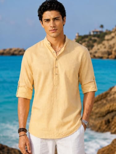 Image of Majestic Man Men's Pure Cotton Solid Mandarin Collar Slim Fit Roll-Up Sleeves Short Kurta Lightweight Summer Kurta for Daily & Occasion Use