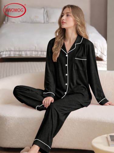 Image of SWOMOG Womens Pajamas Set Long Sleeve Sleepwear Button Down Nightwear Soft Cotton Pj Lounge Sets
