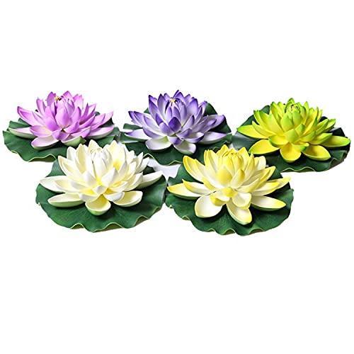 Blue Penguin Plastic Multicolour Artificial Floating Lotus Flowers With Rubber Leaf For Decoration (Pack Of 5)