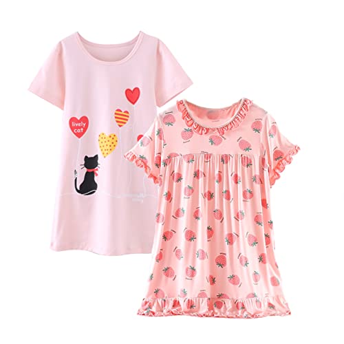 Lingdooo Girls Kids Cotton Sleep Gown Dress Cartoon Crew Neck Soft Home Summer Casual Dress (3/4 T, D) #TOP7