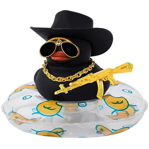 Image of wonuu Car Ornament Rubber Duck, for Car Dashboard Decoration Accessories with Hat Swim Ring Necklace Sunglasses, A Black&Black Cowboy Hat&Transparent
