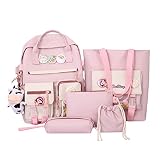 Juego de 5 mochilas KAWAII: incluye bolsa escolar, bolsa de mano, bolsa de lápices, bolsa cruzada y bolsa pequeña de bolso; también viene con una muñeca de oso kawaii al azar e insignia, este juego completo de bolsas escolares es suficiente para todo el semestre