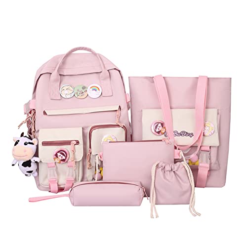 Tdbest Kawaii Rucksack mit Niedlich Anhänger Zubehör 5 Teiliges Set, Große Harajuku Segeltuch Schulranzen,Trendy Schultasche College Reise Dame Abzeichen Rucksack Schüler Büchertasche Cover