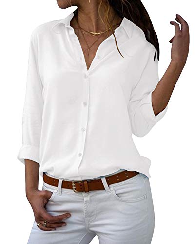 Yidarton Women's Long Sleeve V Neck Chiffon Blouses Tops Button Down Business Shirts(White,S)