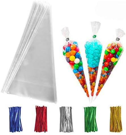 XIPEGPA 200 PCS Clear Cone Treat Bags Cellophane Cone Treat Bag Plastic Triangle Bags with 200 PCS Twist Ties 5 Mix Colors for Favor Candy Popcorn Handmade Cookies