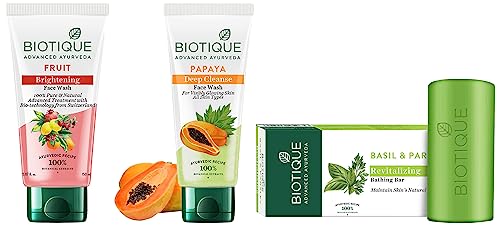 Image of Biotique Papaya Deep Cleanse Face Wash All Skin, 150ml & Biotique Basil And Parsley Revitalizing Body Soap, 150g & Biotique Fruit Brightening Face Wash, 150ml