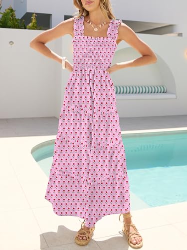 Image of Caracilia Womens Summer Maxi Dresses Floral Smocked Sleeveless Ruffle Boho Casual Flowy Aline Beach Vacation Long Sundress