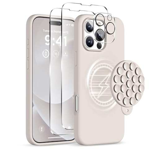 COFFKER Magnetic for iPhone 16 Pro Max Case, Compatible with Magsafe, Suction Cup Phone Mount, [2 Screen Protectors][Camera Protector] Silicone Shockproof Protective Phone Cover 6.9', Stone