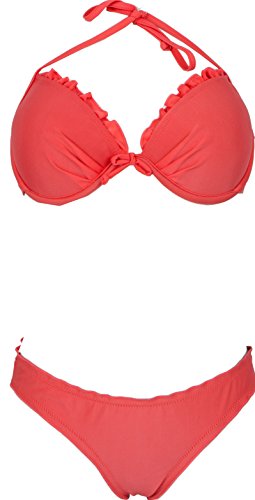 AvaMia Damen Bikini Set vorgeformtes Buegel-Bikinitop mit Bikinihose Low Rueschchen Farbe Koralle M Cover