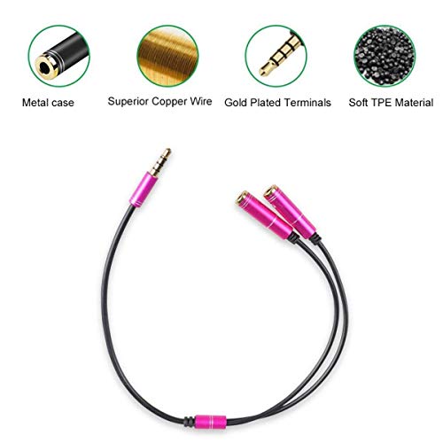 Image of Headphone Mic Splitter, FENTICO 3.5mm Headsets Splitter Adapter, (2 TRS Female to 1 TRRS Male) Compatible with PS4, Xbox One S, Tablet, Mobile Phone, PC Gaming Headsets and Laptop (Pink, 30 CM)