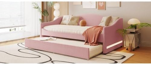 Miniatura 24 de MERITLINE Sofá cama tapizado de tamaño individual con nido y LED, marco de cama de día de forro polar con listones de madera maciza, sofá cama