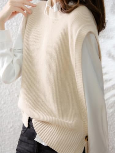 Image of Women's Sweater Vest Casual Round Neck Sleeveless Pullover Knit High Low Hem Side Button Ribbed Vest Top