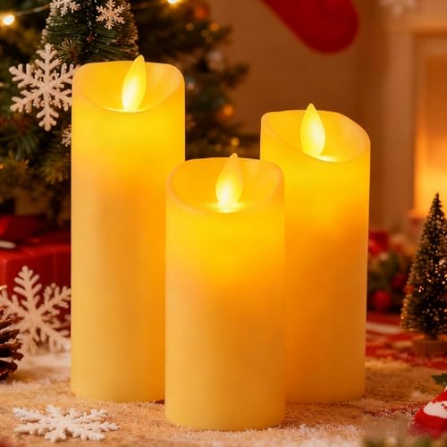 3Pcs Flameless LED Candles, Realistic Led Plastic Pillar Candles Dancing Flickering Mood for Valentine's Day Party Decoration H 11 13 15 CM D 5CM Ivory Manual Switch (No remote Control Function)