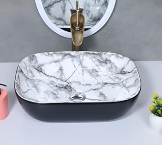 SEA SHORE Luxury Ceramic Table Top Wash Basin – Slim Rim Vessel Sink in Black & White Black for Bathroom/Living Room (18 x 13 x 5.5 Inch)