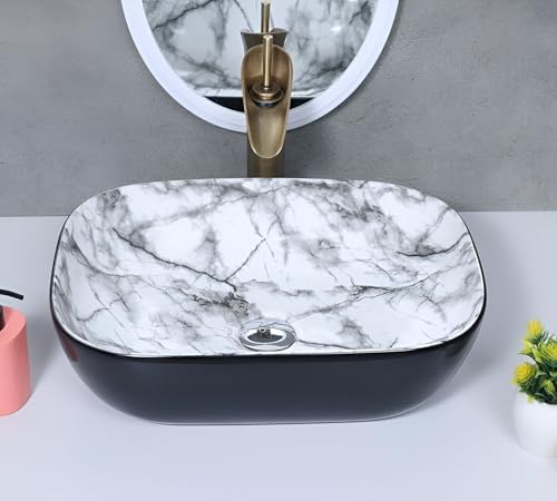 SEA SHORE Luxury Ceramic Table Top Wash Basin – Slim Rim Vessel Sink in Black & White Black for Bathroom/Living Room (18 x 13 x 5.5 Inch)