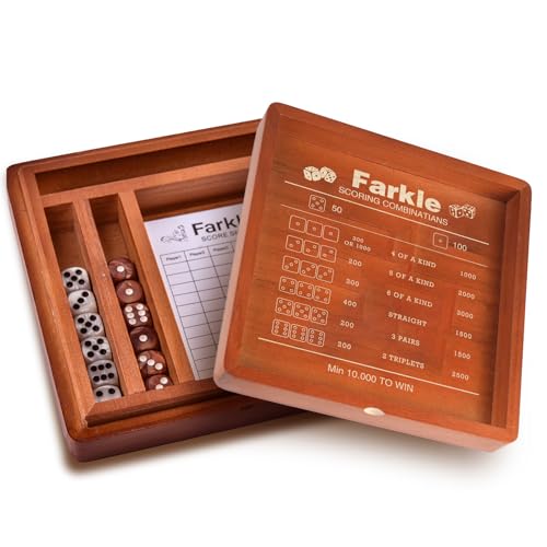Farkle Classic Dice Game Set – Wooden Dice Tray with Storage Case, 2 Sets of Dice, Score Pad, Pen Holder & Built-in Scoring Guide – Family Game...