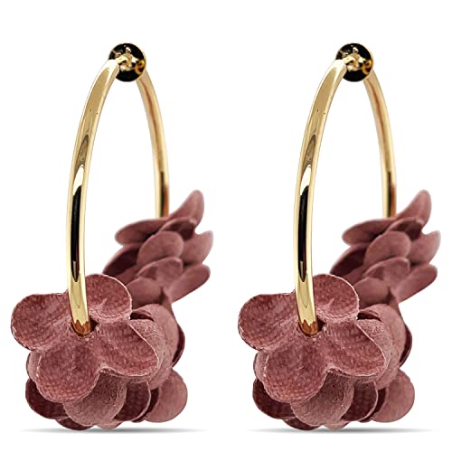 Aloha Earrings-Clip On Tassel Earrings-Dangle Clip On Earrings Silk Tassel Long Clip Earrings Bohemian (Pink Fabric Flower Hoops)