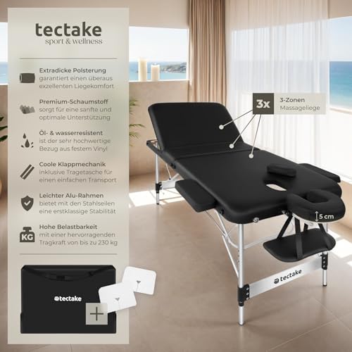 tectake® Massageliege 3 Zonen, Massagetisch, Massageliege klappbar, höhenverstellbare Aluminium Massageliege, Massagebett tragbar inkl. Zubehör, Kopfstütze, Armlehne, Tragetasche - schwarz 2