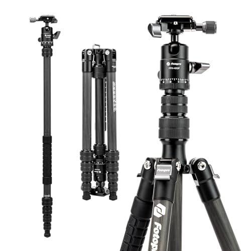 Fotopro 62' Carbon Fiber Travel Tripod, Lightweight Compact Camera Tripod with Ball Head and Arca-Swiss Quick Release Plate, Detachable Monopod, Carry Bag, Load up to 8KG/17.63lbs, Weighs only 2lbs.