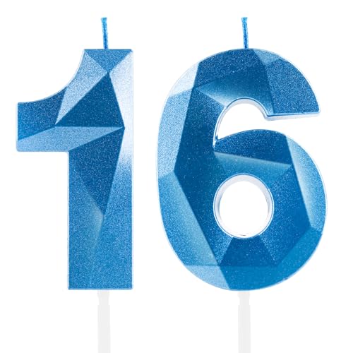 Hongplus 3D Royal Blue 16th Birthday Candles, Number 16 Candle for Cake,Sapphire Candle Topper for Boys Girls Sweet 16th Birthday Party Decorations