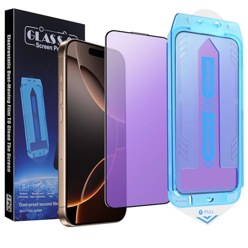 2-Pack Anti Blue Light Matte Screen Protector for iPhone 16 Pro Max, 9H Tempered Glass, Full Coverage, Anti-Fingerprint, Auto Dust-Elimination, No Bubble, Easy Installation