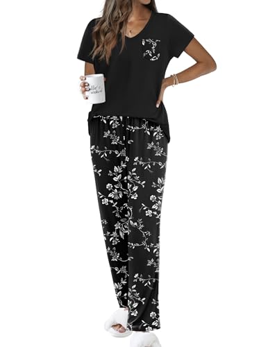 Ekouaer Pajama Sets for Women Short Sleeve Pj Set V Neck Sleepwear Chest Pocket with Long Pants Casual Loose Loungewear Black White Floral L