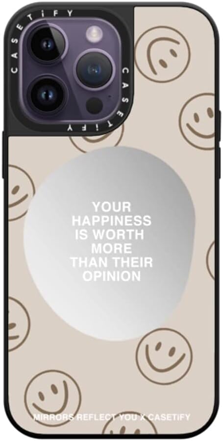 CASETiFY Mirror Case for iPhone 14 Pro Max Compatible with Magsafe - Happiness for What It's Worth by Mirrors Reflect You - Silver on Black