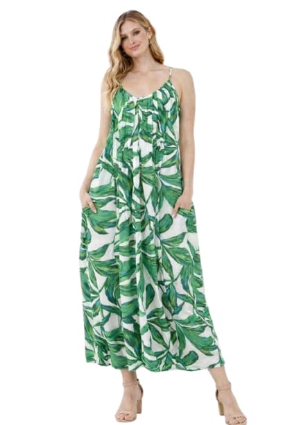 nobarr Women's Printed Green Maxi Dress with Spaghetti Straps & 2 Side Pockets | 100% Viscose Loose Fit Sleeveless Dress-picture-35