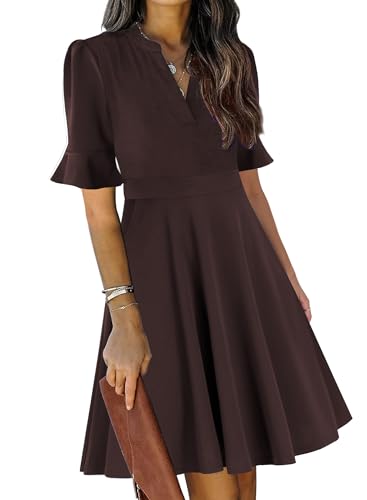 Mokayee Brown Dress for Women Summer Short Sleeve V Neck Fit and Flare A Line Modest Sunday Church Cocktail Swing Teacher Business Casual Wear to Work Ladies Interview Trendy Dresses with Pockets M