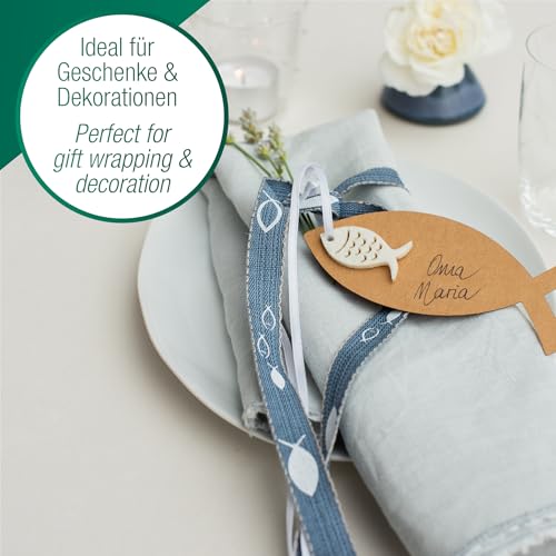 Halbach Seidenbänder Premium Taufe Geschenkband Set | 6 Rollen bedruckte Geschenkbänder mit Fisch Muster | Für das Gastgeschenk zur Taufe, Kommunion oder Konfirmation