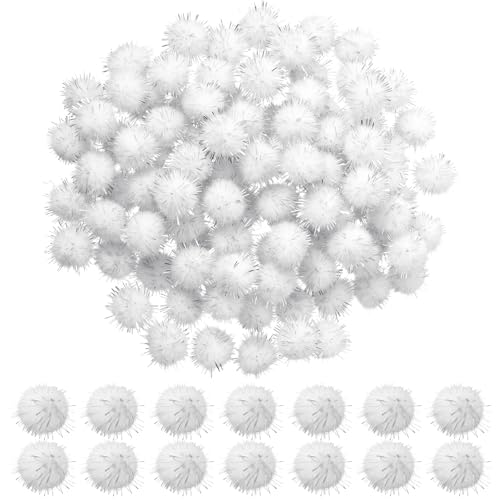 100Pcs Glitter Tinsel Pom Poms Sparkle Balls Cat Fuzzy Toys Balls Glitter Fluffy Craft Pompoms for DIY Craft/Party Decoration/Cat Toys (15mm White)