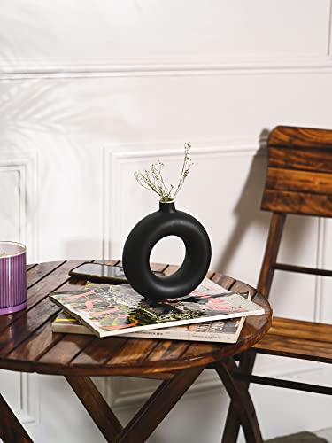 Image of Purezento Beautiful Ceramic Decorative Vases with Unique Quality for Home Decor,Center Table, Flowers Pot, Bedroom Side Corners, Living Room Decoration,and Party Centerpieces- (Black,Donuts 6 inch VASE)