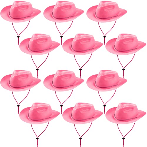 Hicarer 12 Pieces Disposable Plastic Cowboy Hat Set for Party Felt Wide Brimmed Western Cowgirl Hat for Men Women(Pink)