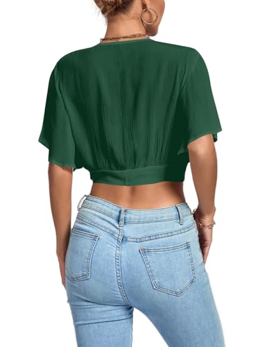 Image of LYANER Women's Sexy Deep V Neck Tie Front Wrap Cropped Blouse Bell Short Sleeve Ruffle Crop Tops