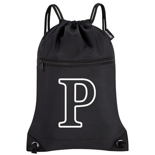 Image of HOLYLUCK Drawstring Bags Initial Backpack Sackpack Cinch Bags for Sports, Gym, Travel, Beach (Black-P)