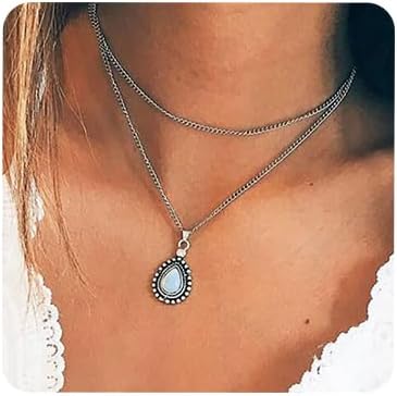 AnglacesmadeAimimier Bohemia Layered Opal Choker Necklace Gemstone Necklace Teardrop Necklace Opal Gem Charm Pendant Necklace Gemstone Statement Jewelry for Women