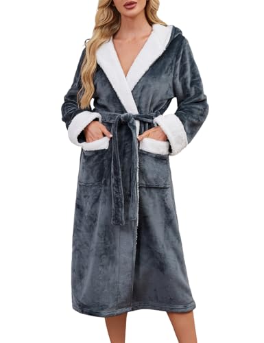 Niwicee Peignoir Femme Hiver Polaire Gris L