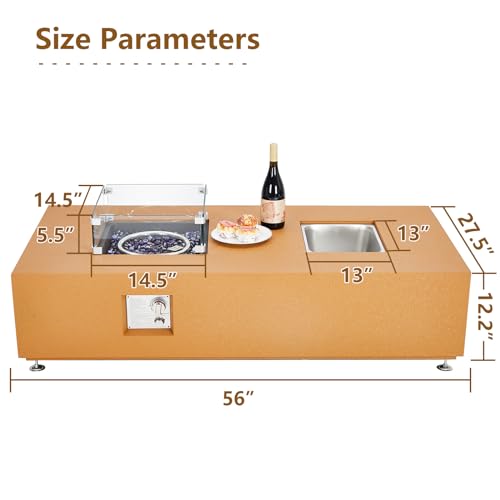 56 Inch Outdoor Propane Fire Pit Table,50000BTU Fire Table with 13" Square Drink Ice Bucket Wind Guard, Fire Glass Beads & CSA Safety Certified Outdoor Firepit for Outside Patio Yard Garden, Yellow