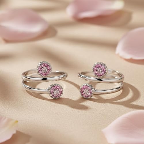 Image of SATKOTI 925 Silver Toe Rings for Women | Adjustable Pure Metal Bichiya with AAA Quality CZ Stone| BIS Hallmarked Jewelry with Authenticity Certificate | Pair of 2 Metti