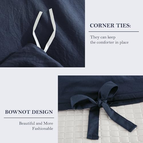 Image of annadaif Grayish Navy Duvet Cover King Size, 3 Pieces Soft Washed Microfiber Duvet Cover Set, Comforter Cover with Bowknot Bow Tie (1 Duvet Cover 104x90 Inch, 2 Pillowcases) Easy Care Bedding Set | Soft Washed Comforter Cover ,Bowknot Bow Tie, (1 Duvet Cover 104x90 Inch, 2 Pillowcases) ,Easy Care Bedding Set
