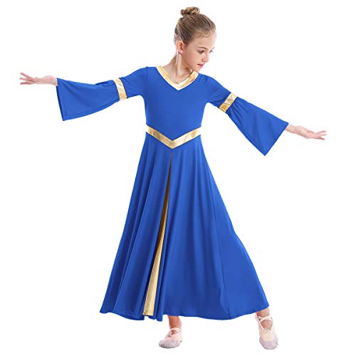 IMEKIS Praise Dance Dresses for Teen Girls Metallic V Neck Liturgical Praise Dance Dress Bell Sleeve Church Robe Kids Worship Costume Full Length Gowns Royal Blue + Gold 9-10 Years