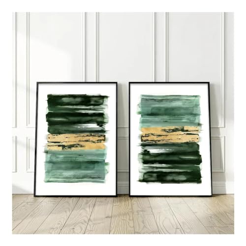 Tableau abstrait vert et or 2 pièces pour habiller un mur vide de salon avec cadre intégré