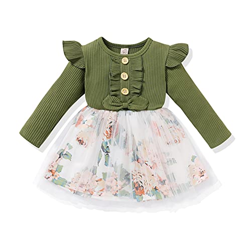 Baby Girl Dresses Ruffle Long Sleeve Bow Tops Splicing Floral Princess Tutu Skirts Toddler Girls Clothes Cute Fall Outfits (Green, 12-18 Months)