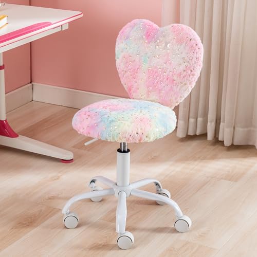 Image of Kmax Kids Reading Chair, Rolling Cute Desk Chair for Girls Swivel Office Chair with Wheels & Heart Back Adjustable Childrens Vanity Chair for Bedroom Reading Room - Faux Fur, Colorful