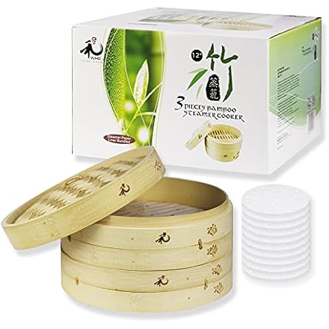 YUHO Bamboo Steamer Basket 12-inch, 2-Tier Steamer for Cooking, 10 Liners, Steaming Asian Food, Bao Buns, Chinese, Dim Sum, Dumpling, Rice, Vegetable Steam Pot Cover