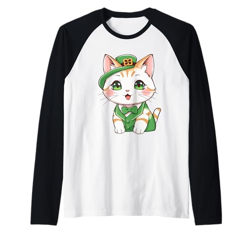 Carino Kawaii Cat St Patricks Day Pattys Day Irish Kitty Maglia con Maniche Raglan