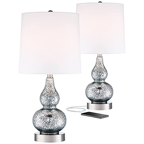 360 Lighting Castine Modern Accent Table Lamps Set Of 2 22" High With Usb Charging Port Turquoise Mercury Glass White Drum Shade For Bedroom Living Room House Desk Bedside Nightstand Office #TOP1